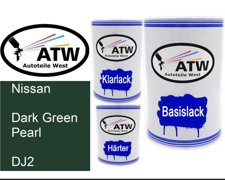 Nissan, Dark Green Pearl, DJ2: 500ml Lackdose + 500ml Klarlack + 250ml Härter - Set, von ATW Autoteile West.